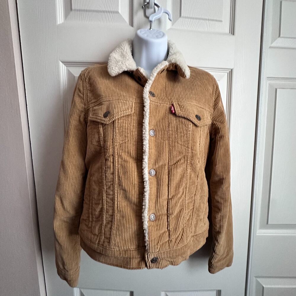 Levis Corduroy Sherpa Borg Trucker Jacket Snap Front Camel Tan Women's Small